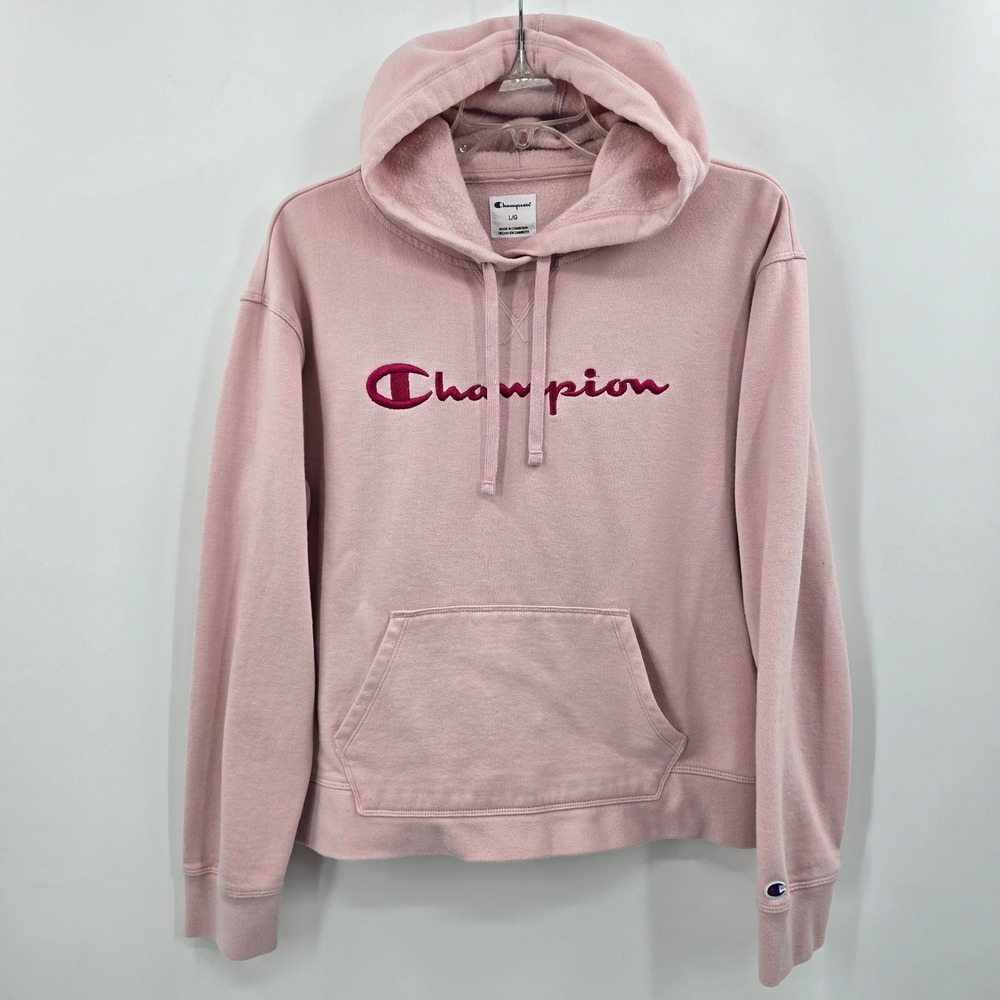 Champion Hoodie Womens Large Pink Embroidered Script Logo Pullover Sweatshirt
